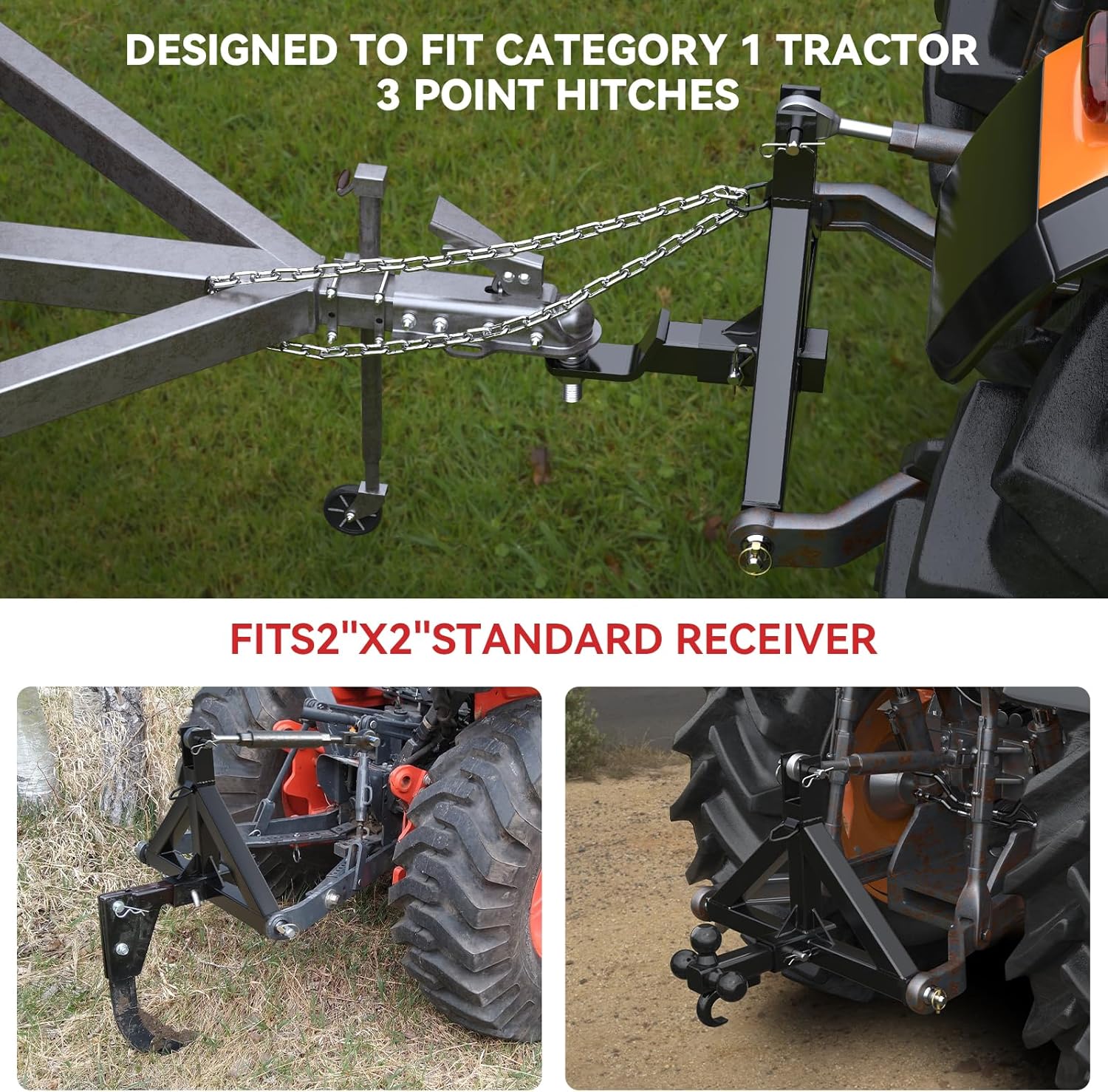 3 Point 2 Trailer Hitch Receiver Compatible with Quick Hitch for Category 1 Tractors, Heavy Duty Tractor Mover Drawbar, Farm Equipment and Subcompact Trailer Hitch for Tractor Standard Cat 1(Black)